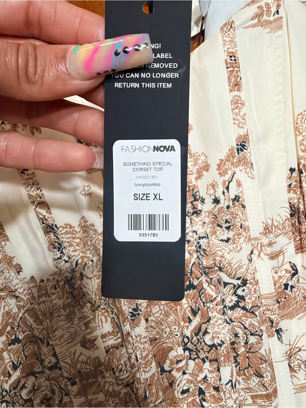 Fashion Nova Cream and Brown Scenic Print Corset - Picture 2 of 5